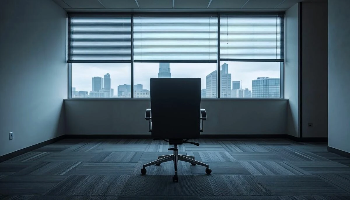 An empty office chair facing a window that looks out on a city skyline